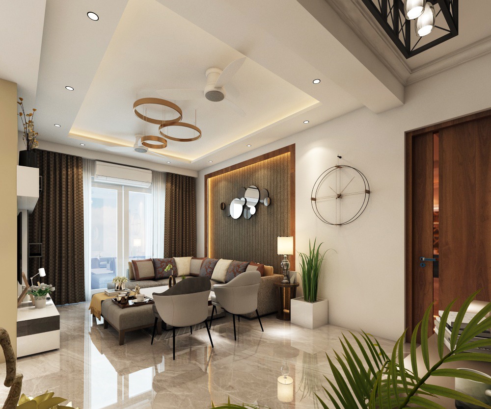 Apex Athena — Living room with designer ceiling and statement chandelier