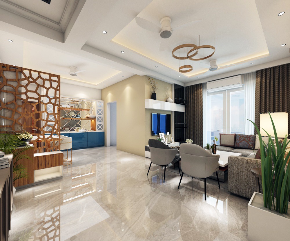 Apex Athena — Open living space with jali partition and TV unit