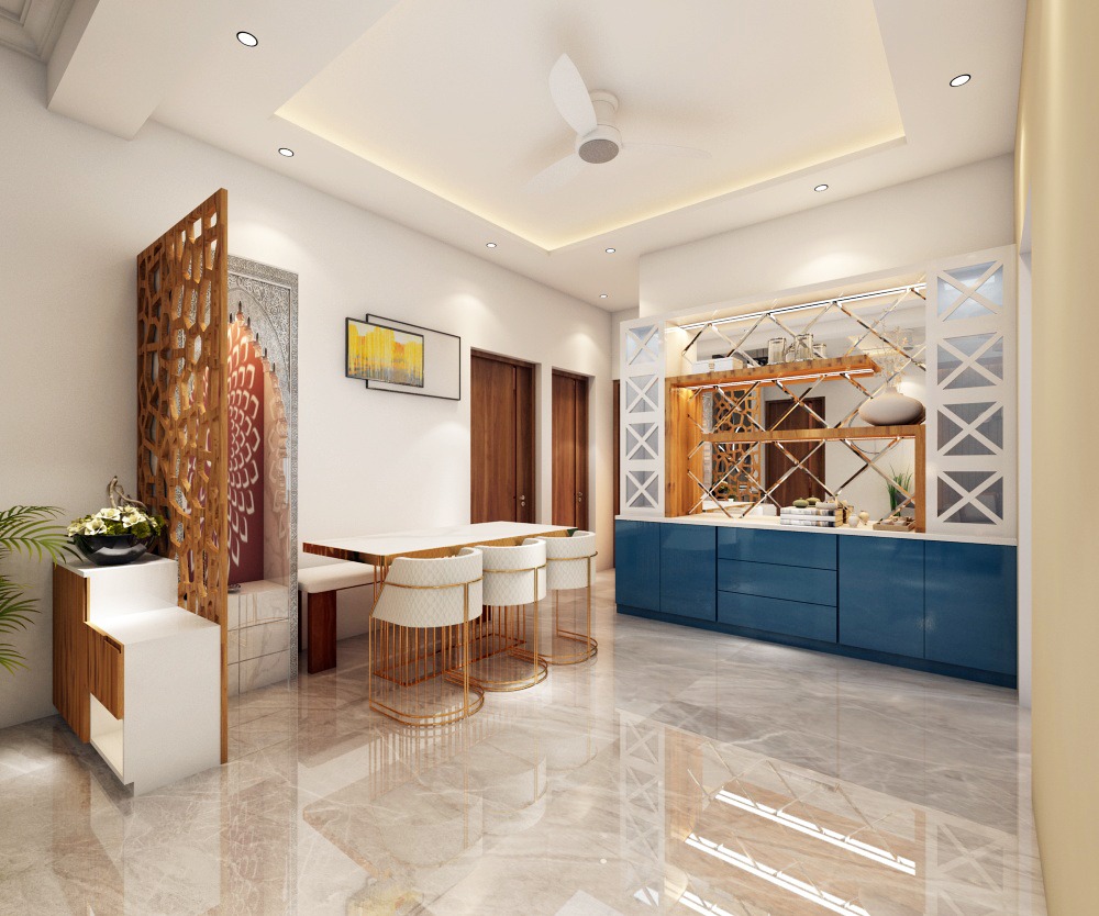 Apex Athena — Dining and bar area with blue cabinetry and mirror accents